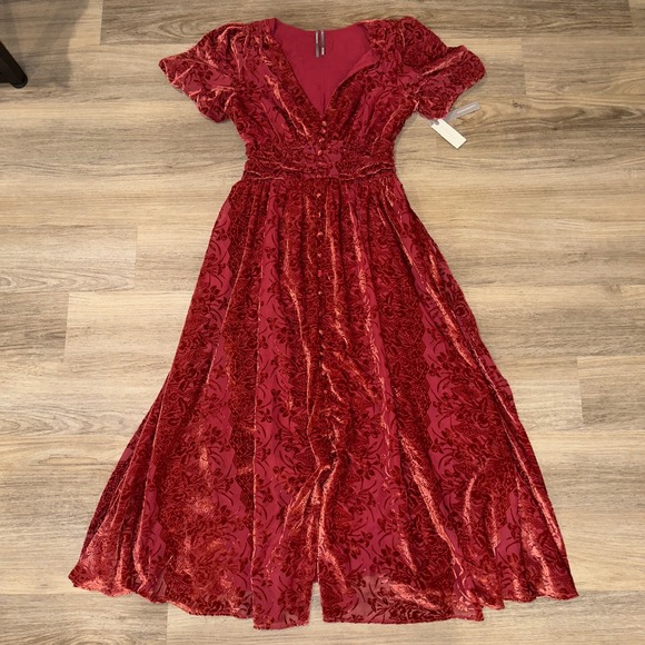 Anthropologie Dresses & Skirts - Anthropologie Red Burnout Velvet Floral Maxi Dress V-Neck Flutter Sleeve Size M